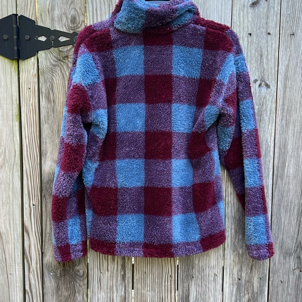 Eddie Bauer Purple Burgundy Plaid Teddy Fleece Jacket size Med - Picture 10 of 12
